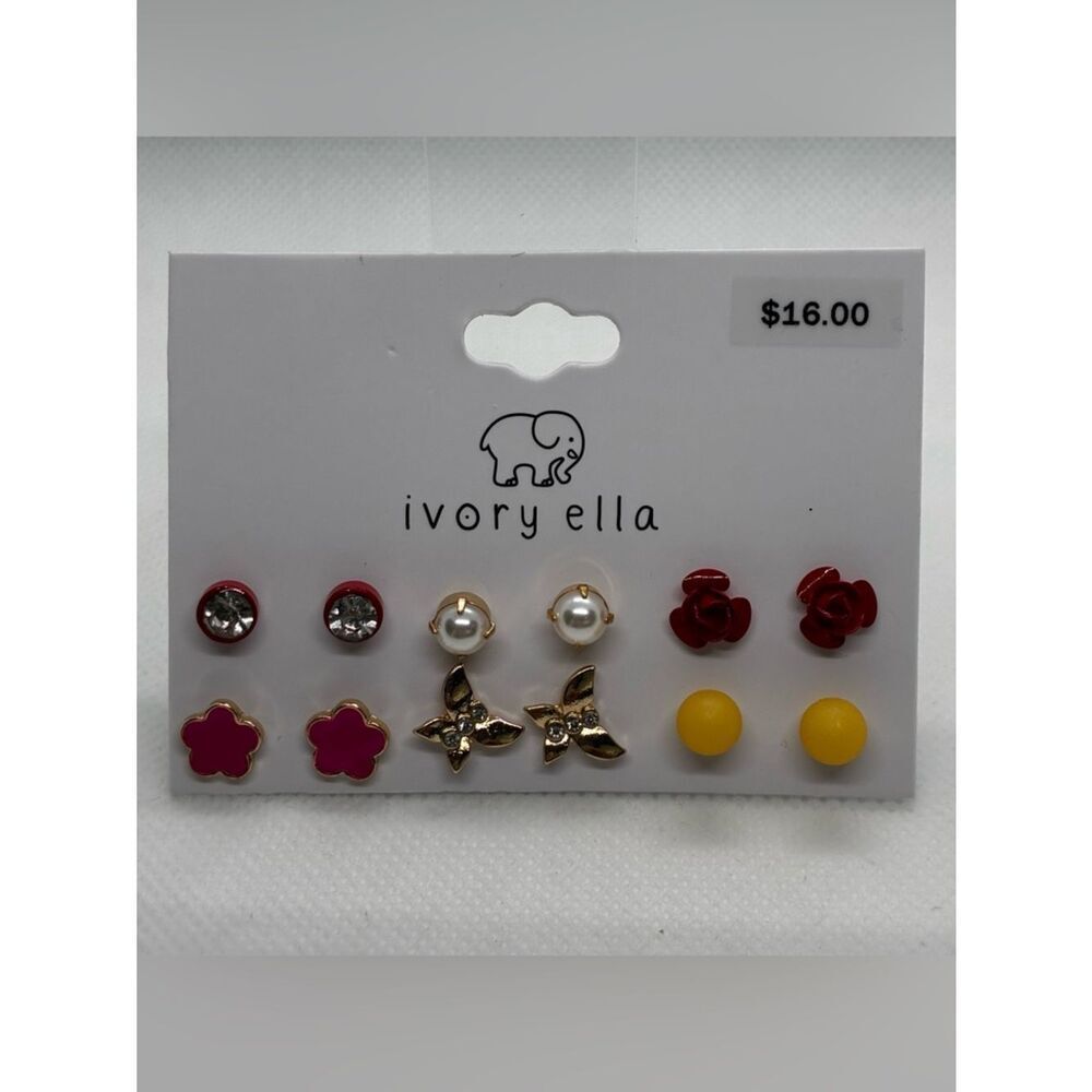 3For$20 Ivory ella Gold and White Faux Pearl Stud Earring Set 6pc